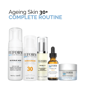 Complete skincare routine for aging skin 30+, featuring glycolic acid cleanser, SPF 30 sunscreen, retinol 1% cream, vitamin C serum, and everyday moisturiser.