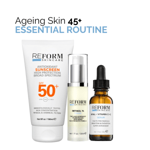 Essential skincare routine for ageing skin 45+, featuring SPF 50 sunscreen, retinol 1% cream, and vitamin C + E serum.