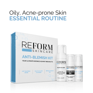 Reform Skincare Anti-Blemish Kit for oily, acne-prone skin, featuring salicylic acid cleanser, anti-blemish crème, and repair & renew gel.