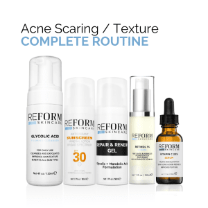 Complete skincare routine for acne scarring and texture improvement, featuring glycolic acid cleanser, SPF 30 sunscreen, repair gel, retinol cream, and vitamin C serum.