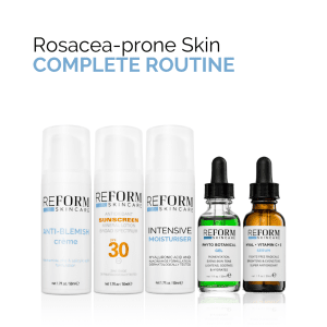 Complete skincare routine for rosacea-prone skin, featuring SPF 30 sunscreen, intensive moisturiser, anti-blemish crème, phytobotanical gel, and vitamin C + E serum.